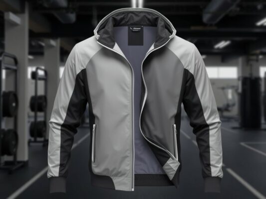 Top 3 Mẫu Áo Thể Thao Được Yêu Thích Nhất Năm 2024 4 A stylish sports jacket showcasing a sleek design and breathable material The jacket is displayed against a modern gym background emphasizing its functionality and sporty look