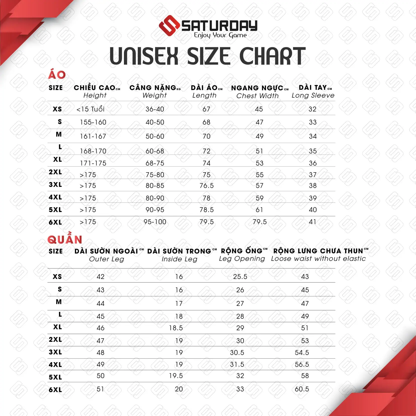 Size chart final Size Chart Saturday Sport